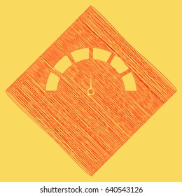 Speedometer sign illustration. Vector. Red scribble icon obtained as a result of subtraction rhomb and path. Royal yellow background.