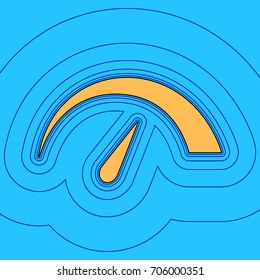 Speedometer sign illustration. Vector. Sand color icon with black contour and equidistant blue contours like field at sky blue background. Like waves on map - island in ocean or sea.