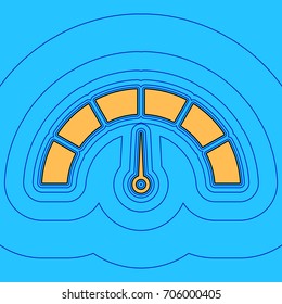 Speedometer sign illustration. Vector. Sand color icon with black contour and equidistant blue contours like field at sky blue background. Like waves on map - island in ocean or sea.