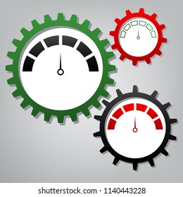 Speedometer sign illustration. Vector. Three connected gears with icons at grayish background.