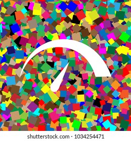 Speedometer sign illustration. Vector. White icon on colorful background with seamless pattern from squares.