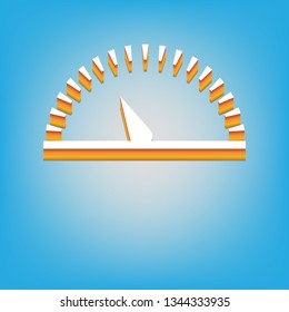 Speedometer sign illustration. Vector. White icon with 3d warm-colored gradient body at sky blue background.