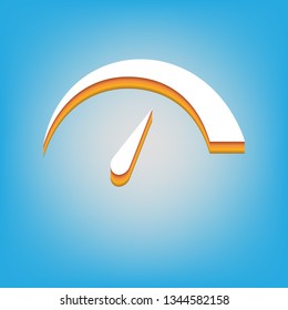 Speedometer sign illustration. Vector. White icon with 3d warm-colored gradient body at sky blue background.