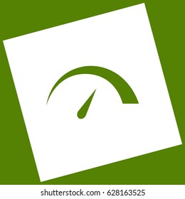 Speedometer sign illustration. Vector. White icon obtained as a result of subtraction rotated square and path. Avocado background.