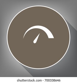 Speedometer sign illustration. Vector. White icon on brown circle with white contour and long shadow at gray background. Like top view on postament.