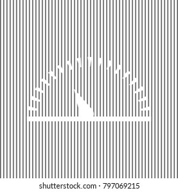 Speedometer sign illustration. Vector. White icon on grayish striped background. Optical illusion.