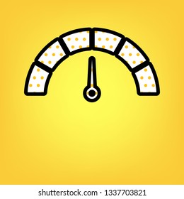 Speedometer sign illustration. Vector. Yellow polka dot white icon with black contour at warm yellow background.