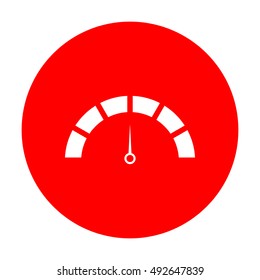 Speedometer sign illustration. White icon on red circle.