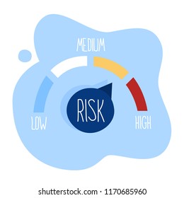 Speedometer sign with low, medium and high score. Speed indicator or risk rating. Flat vector illustration