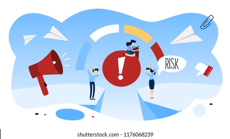 Speedometer sign with low, medium and high score indicates risk. Speed indicator or risk rating. Flat vector illustration