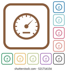 Speedometer simple icons in color rounded square frames on white background