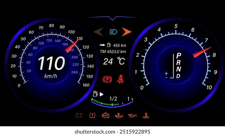 Diseño de tablero automático del coche de la velocidad del velocímetro. Medidor de velocidad de tecnología abstracta.