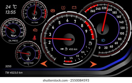 Diseño de tablero automático del coche de la velocidad del velocímetro. Medidor de velocidad de tecnología abstracta.