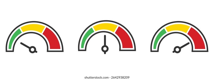 Speedometer velocidade vetor ícone set, medidor de calibre, elementos do painel para automotivo, medição de velocidade. Medidor de pontuação. Ícone de nível de pontuação do medidor de escala. Indicador de indicador do velocímetro.