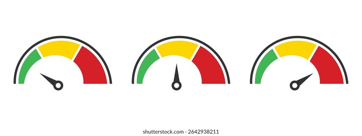 Speedometer velocidade vetor ícone set, medidor de calibre, elementos do painel para automotivo, medição de velocidade. Medidor de pontuação. Ícone de nível de pontuação do medidor de escala. Indicador de indicador do velocímetro.