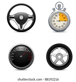 Speedometer, steering wheel,  car wheel and stop watch isolated on a white background