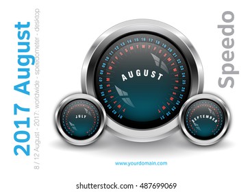 Speedometer Style Calendar August 2017 - Novelty desktop calendar - with dates, days of the month. Metallic, glassy, stylish finish - International worldwide printable organizer planner scheduler
