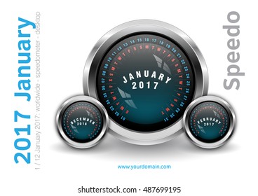 Speedometer Style Calendar January 2017 - Novelty desktop calendar - with dates, days of the month. Metallic, glassy, stylish finish - International worldwide printable organizer planner scheduler