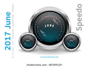 Speedometer Style Calendar June 2017 - Novelty desktop calendar - with dates, days of the month. Metallic, glassy, stylish finish - International worldwide printable organizer planner scheduler