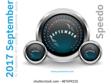 Speedometer Style Calendar September 2017 - Novelty desktop calendar - with dates, days of the month. Metallic, glassy, stylish finish - International worldwide printable organizer planner scheduler