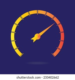 Speedometer or tachometer with arrow isolated on dark background. Colorful Infographic gauge element. Vector icon or sign. 