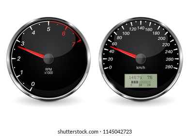 Speedometer and tachometer. Black 3d vehicle gauges. Vector illustration isolated on white background