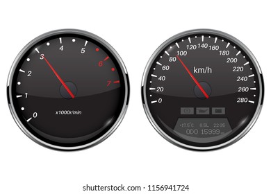 Speedometer and tachometer. Black car dashboard gauges. Vector 3d illustration isolated on white background