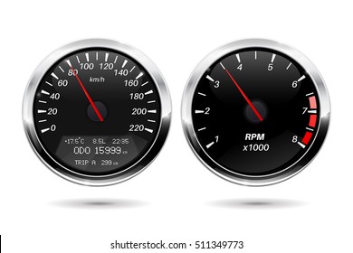Speedometer, tachometer. Black gauge with chrome frame. Vector illustration isolated on white background