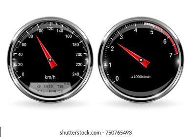 Speedometer and tachometer. Black round gauge with chrome frame. Vector 3d illustration