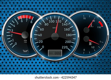 Speedometer, tachometer. Car dashboard on blue perforated background. Vector illustration