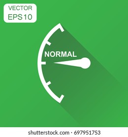 Speedometer, tachometer, fuel normal level icon. Business concept medium level rating pictogram. Vector illustration on green background with long shadow.