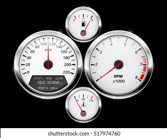 Speedometer, Tachometer, Fuel And Temperature Gage. Car Dashboard. Vector Illustration On Black Background