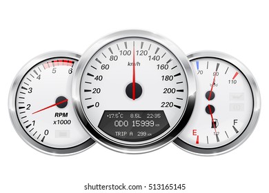 Velocímetro, tacómetro, combustible y medidor de temperatura.Tablero de coche. Ilustración vectorial 3d aislada en fondo blanco