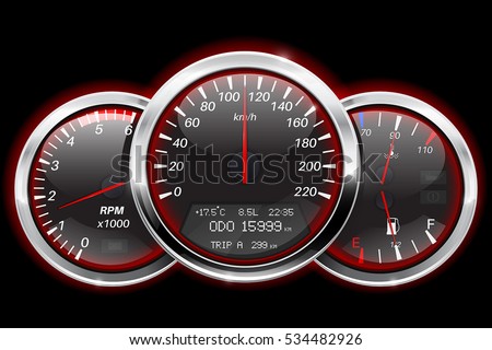 Speedometer, tachometer, fuel and temperature gauge. Black car dashboard with red backlight. Vector illustration.