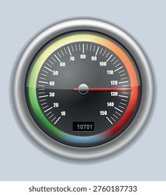 Speedometer or tachometer gauge icon with red needle on gray background, car dashboard performance indicator vector.