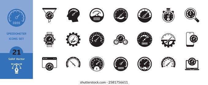 Speedometer, tachometer glyph icons. Speedometer indicator solid icon collection. Risk concept on speedometer Set of gauges. Speed indicator vector icons.