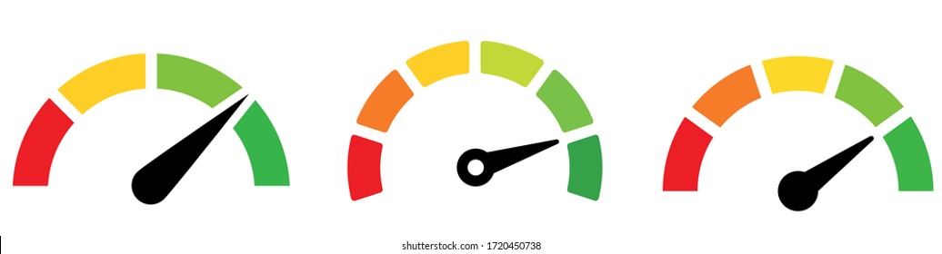 Speedometer, tachometer icon. Colour speedometer set. Scale from red to green performance measurement. Fast speed sign. - stock vector.