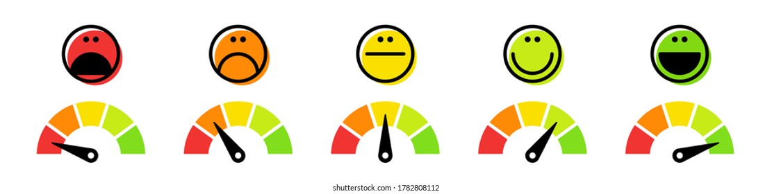 Speedometer, tachometer icon. Colour speedometer set. Scale from red to green performance measurement. Rating satisfaction concept with emotions. Vector illustration.