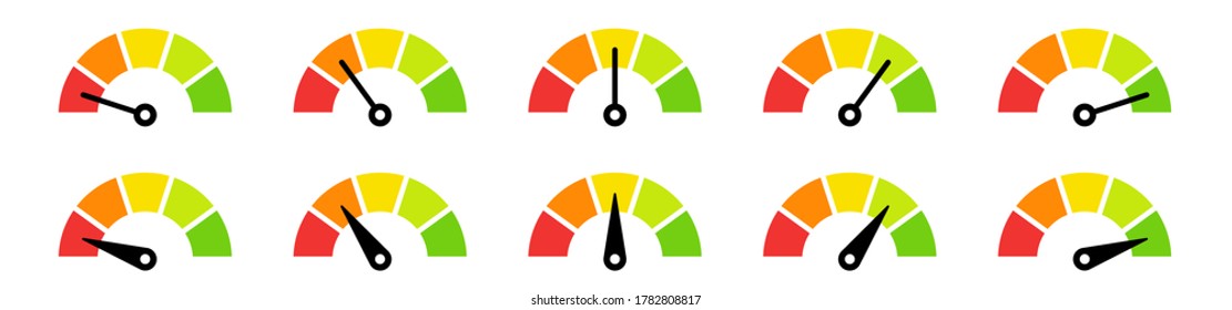 Speedometer, tachometer icon. Colour speedometer set. Scale from red to green performance measurement. Fast speed sign. Vector illustration.