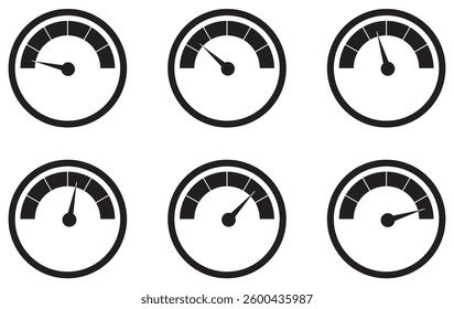 Speedometer, tachometer icon set. Speedometer, gauge meter icons. Vector scale, level of performance. Speedometer gauge set vector icon collection showing different levels of performance efficiency. 