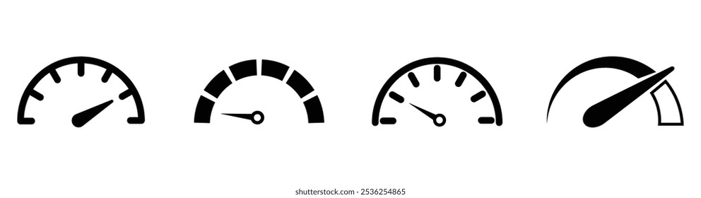 Velocímetro, icono del tacómetro. Escala de medición de rendimiento de rojo a verde. Señal de velocidad rápida. - Vector de acciones.