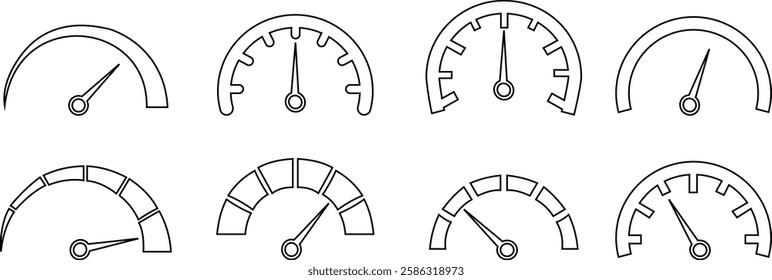 Speedometer, tachometer icon set. Speed indicator sign. Internet car speed. Performance concepts. Speedometer . Fast speed sign. Flat simple icons, gauges from low to high. Minimum to Maximum.
