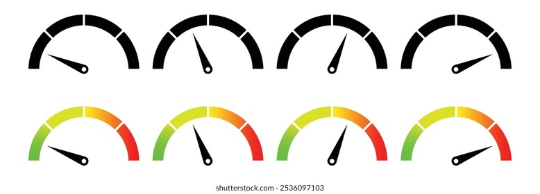 Velocímetro, ícone do tacômetro. Sinal indicador de velocidade. Velocidade do carro da Internet. Conceito de desempenho. Conjunto de velocímetro. Sinal de velocidade rápida. Ícone simples plano. Ilustração vetorial.