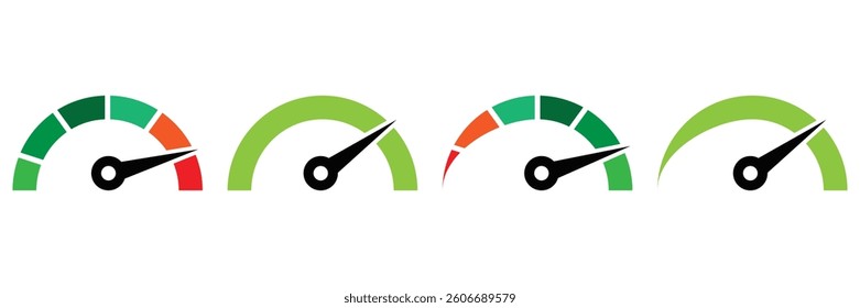 Speedometer, tachometer icon. Speed indicator sign. Internet car speed. Performance concept. Speedometer set. Fast speed sign. Flat simple icon - stock of vector illustration