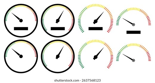 Speedometer, tachometer icon. Speed indicator sign. Internet car speed. Performance concept. Speedometer set. Fast speed sign. Flat simple icon. Speedometers icons set. Speed guage. Risk indicator. 