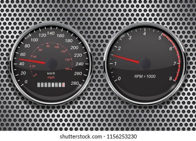 Speedometer and tachometer on metal perforated background. 50 km per hour. Vector 3d illustration