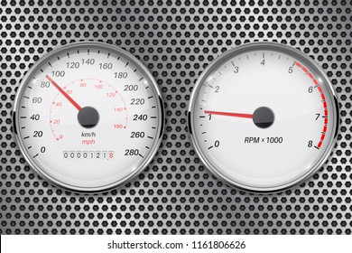 Speedometer and tachometer on metal perforated background. Vector 3d illustration