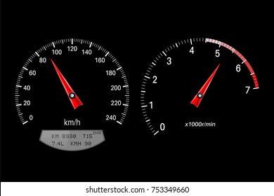 Speedometer and tachometer. Round scales on black background. Vector 3d illustration