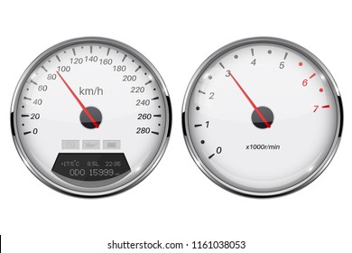 Speedometer and tachometer. White gauge with metal frame. Vector 3d illustration isolated on white background