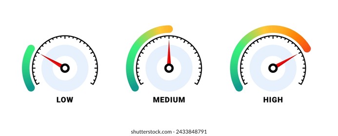 Speedometer with three gauges indicating low, medium, and high levels. Vector image